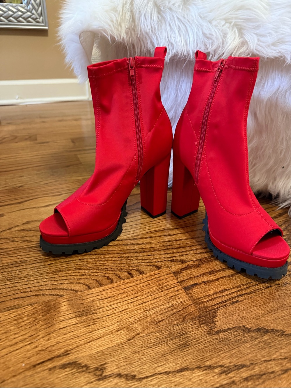 Red Peep-Toe Block Heel Ankle Boots - Women